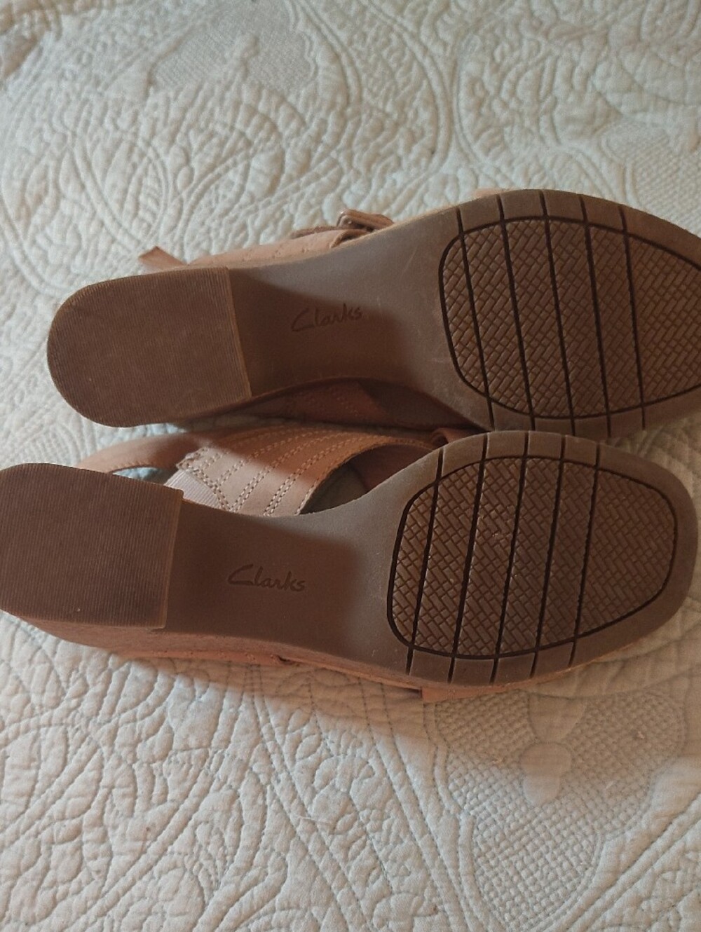 Clarks Tan Suede Crisscross Wedge Sandals - Picture 7 of 8
